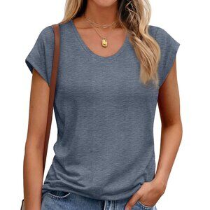 New With Tags MOSHU Casual Womens Grey Blue T-Shirt Basic Cap Sleeve Large